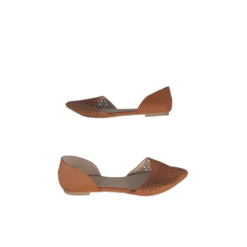 Restricted D'Orsay Flats 7 Cognac Brown Laser Cut Pointed Toe Vegan Leather Boho